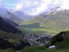 View back to picturesque Andermatt, from one of the hairpins on the climb to Oberalp Pass, 3.9 miles from Hospental which can be seen in the distance
